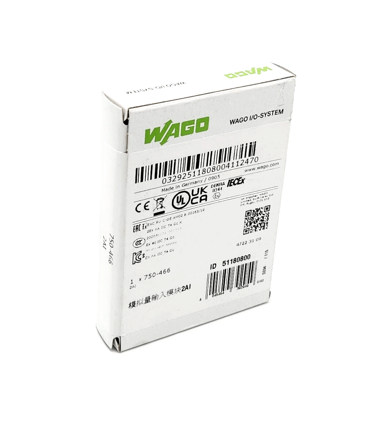 Packaging of Wago 750-466, 2-channel analog input, 4-20 mA, single-ended with product details and labels visible