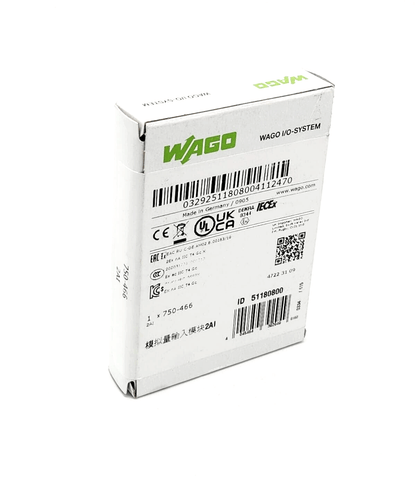 Packaging of Wago 750-466, 2-channel analog input, 4-20 mA, single-ended with product details and labels visible