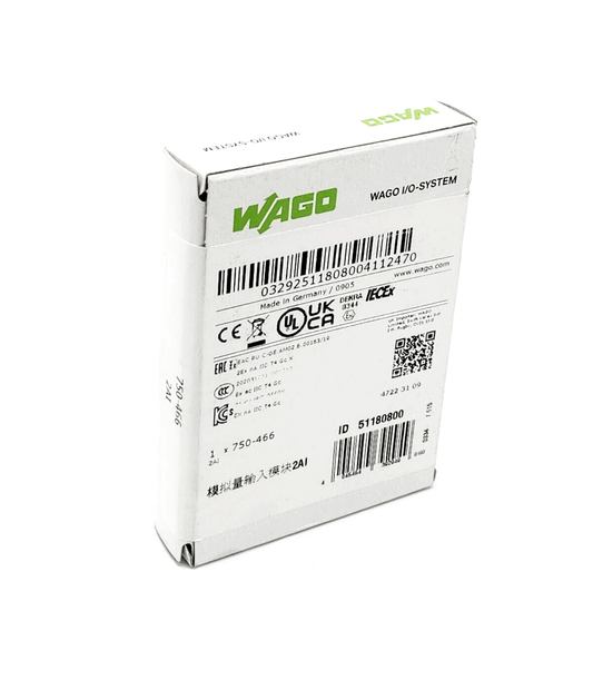 Packaging of Wago 750-466, 2-channel analog input, 4-20 mA, single-ended with product details and labels visible
