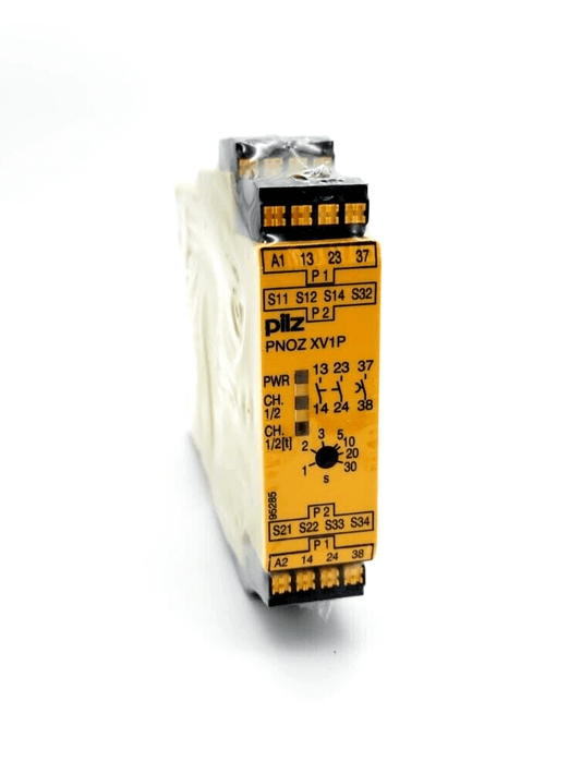 Pilz 787602 PNOZ XV1P C safety relay device with yellow housing, for emergency stop monitoring and door protection, 24V DC