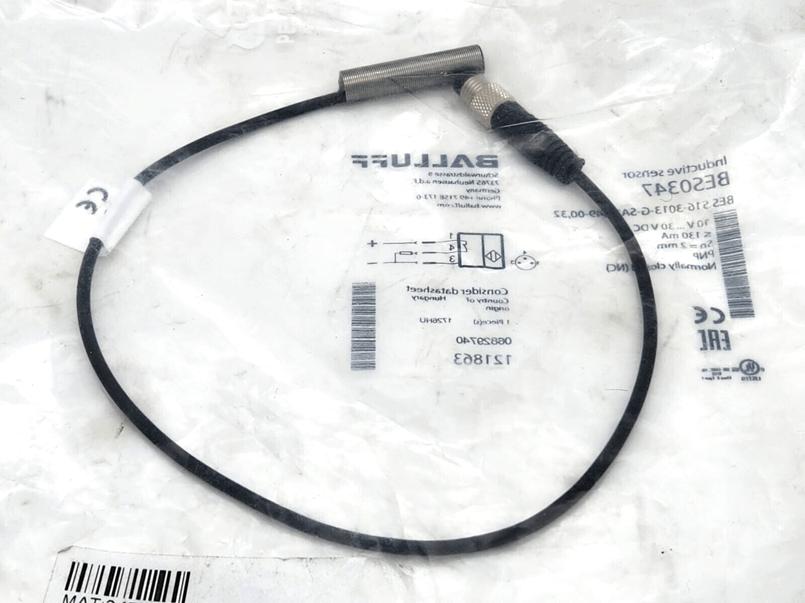 Balluff BES0347 inductive sensor with cable, model BES 516-3013-G-SA2-S49-00,32, stainless steel housing, on packaging