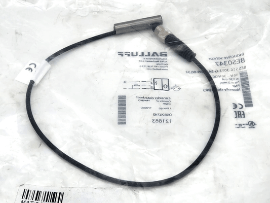 Balluff BES0347 inductive sensor with cable, model BES 516-3013-G-SA2-S49-00,32, stainless steel housing, on packaging