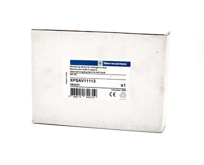 Telemecanique Schneider Electric XPSAV11113 safety relay packaging, model 084231 with emergency stop monitoring functions.