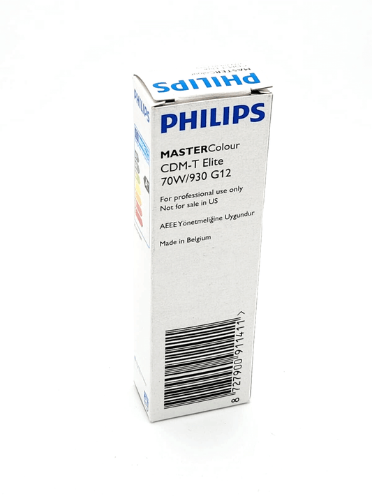 Philips MASTER Colour CDM-T Elite 70W lamp packaging, energy-efficient halogen bulb with warm white light, model 930 GX12.