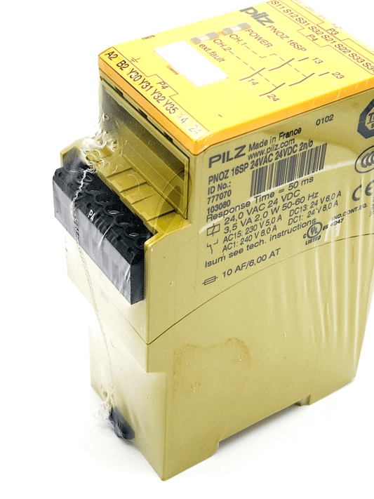 Pilz 777070 PNOZ 16SP safety relay device, 24VAC/DC, 2n/o outputs, featuring screw terminal connection for emergency stop applications.