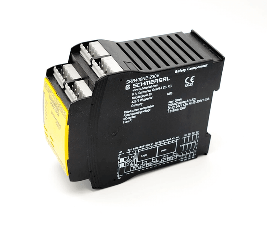Schmersal 101178396 SRB400NE 230V Safety Relay Module with connection options for non-contact switches, featuring 4 safety contacts.