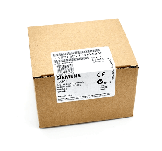 Siemens 6ED1055-1CB10-0AB0 LOGO! DI 8/DO 8 DM16 24 digital input/output module boxed with label showing product details