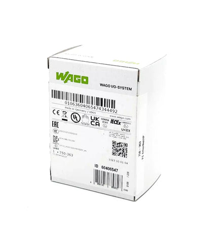 Wago 750-363 Feldbuskoppler EtherNet/IP 4th Gen ECO in box with labels showing specifications and standards compliance.
