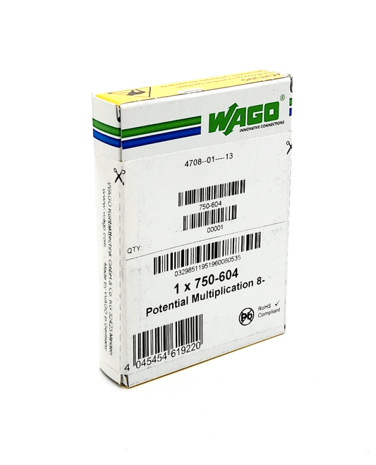 Wago 750-604 Potential Multiplication 8-fold packaging with barcodes and product details.