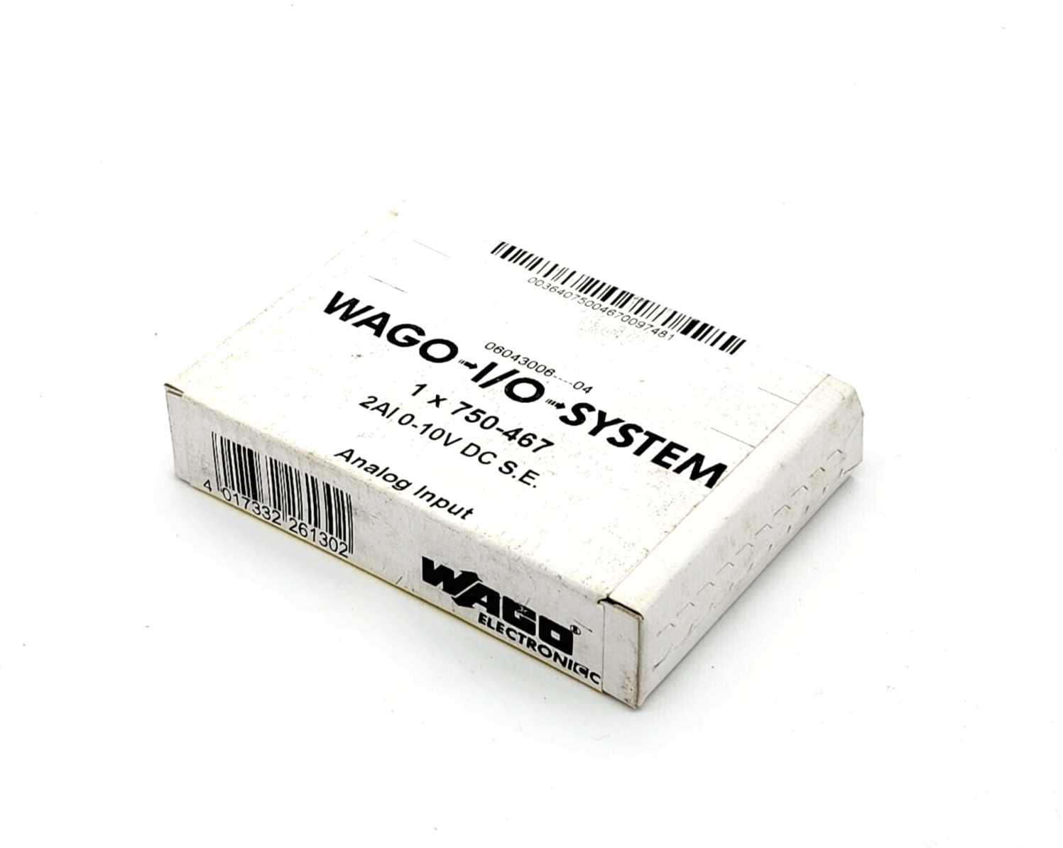 Box of Wago 750-467 2-Channel Analog Input DC 0-10V, Single-Ended Module with product details visible on packaging.