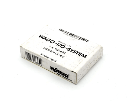 Box of Wago 750-467 2-Channel Analog Input DC 0-10V, Single-Ended Module with product details visible on packaging.