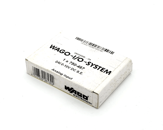 Box of Wago 750-467 2-Channel Analog Input DC 0-10V, Single-Ended Module with product details visible on packaging.