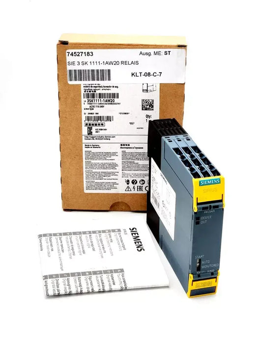 Siemens 3SK1111-1AW20 SIRIUS safety relay with product packaging and manual.