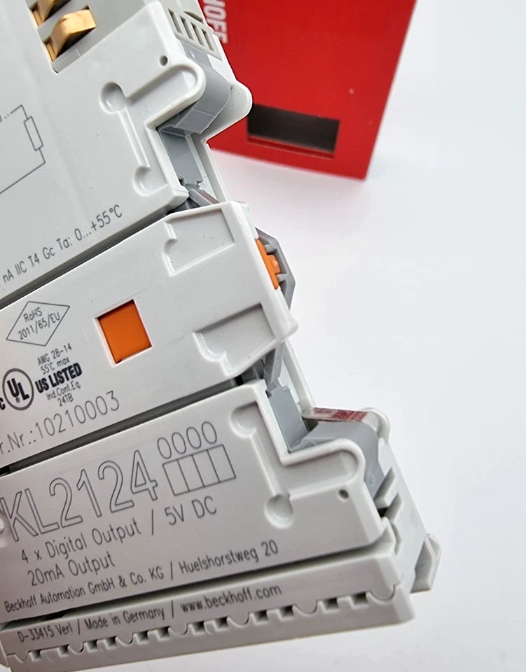 Beckhoff KL2124 Busklemme 4-Kanal-Digital-Ausgang 5 V DC 20 mA in original packaging, showing product details.