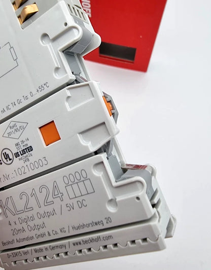 Beckhoff KL2124 Busklemme 4-Kanal-Digital-Ausgang 5 V DC 20 mA in original packaging, showing product details.