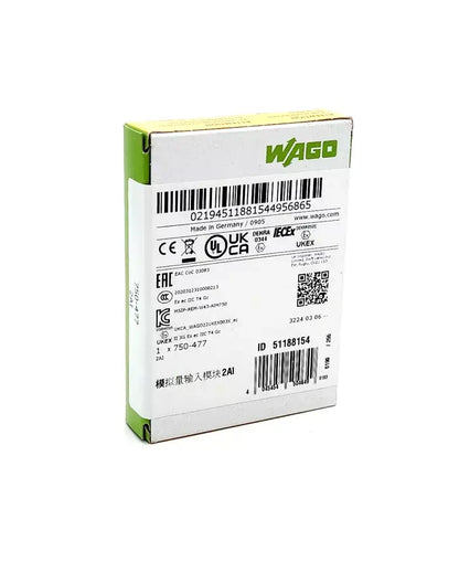 Wago 750-477 2-Channel Analog Input Module packaging with specifications and barcodes visible.