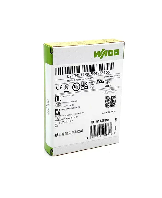 Wago 750-477 2-Channel Analog Input Module packaging with specifications and barcodes visible.