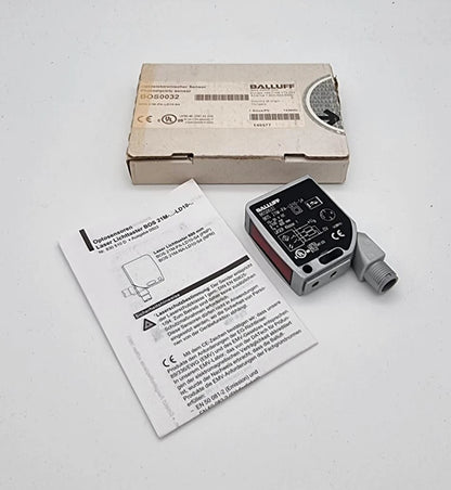 Balluff BOS0032 BOS 21M-PA-LD10-S4 Kubische Lichttaster Lichtarten with packaging and instructions shown.