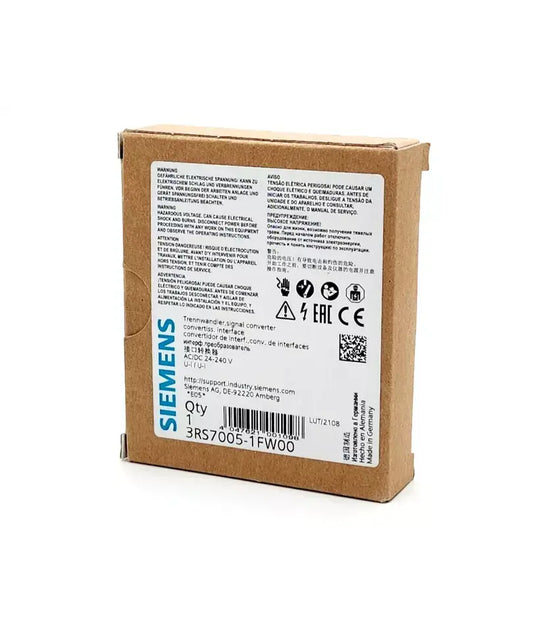 Packaging of Siemens 3RS7005-1FW00 AC/DC 24-240V 3-way separator with product label and specifications visible.