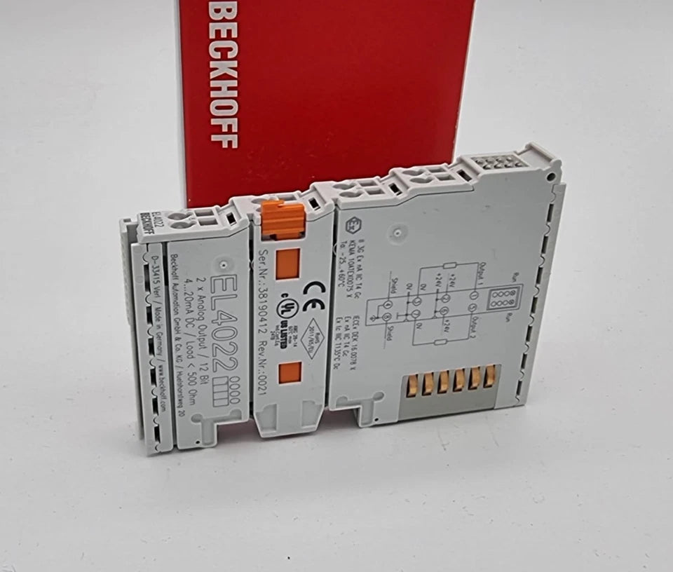 Beckhoff EL4022 EtherCAT-Klemme 2-Kanal-Analog-Ausgang Strom 4…20 mA, Neu, originalverpackt mit rotem Beckhoff Hintergrund