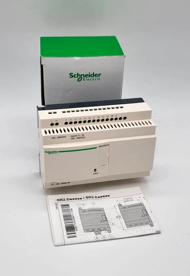 Schneider Electric SR2E201FU 100–240 V AC Smart-Relais Zelio Logic with manual and packaging.
