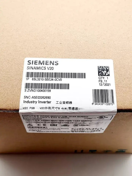 Siemens SINAMICS V20 6SL3210-5BE24-0CV0 industry inverter in packaging with label, 3AC 380-480V, 4 kW, sealed.