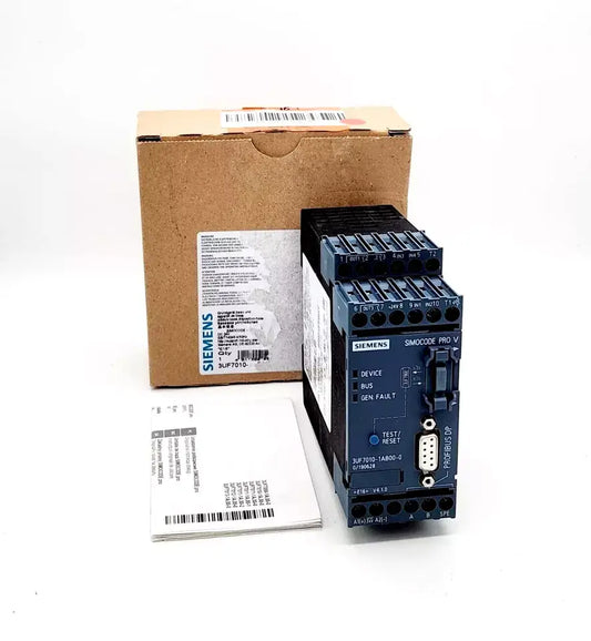 Siemens 3UF7010-1AB00-0 SIMOCODE pro V PB control device with packaging, featuring PROFIBUS interface, 4 digital inputs, and 3 outputs.