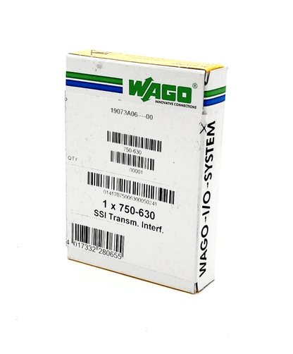 Wago 750-630 SSI Transceiver Interface packaging box with product labels and branding.