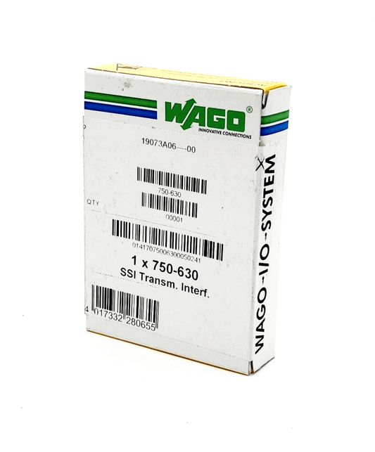 Wago 750-630 SSI Transceiver Interface packaging box with product labels and branding.