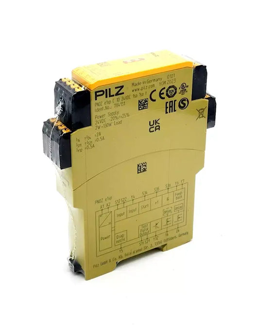 Pilz 784131 PNOZ e1vp C safety relay 10/24VDC with two safety outputs, sealed yellow module for secure automation.