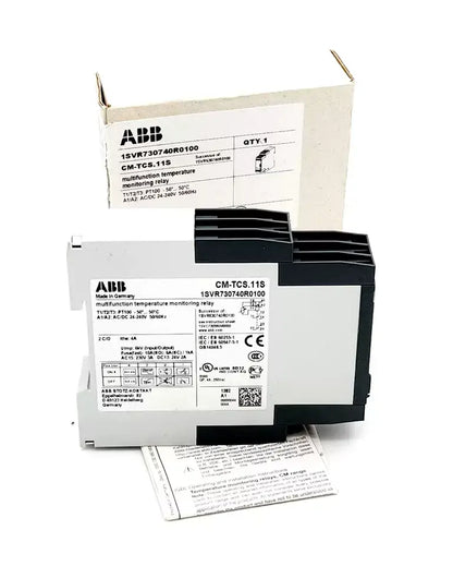 ABB 1SVR730740R0100 CM-TCS.11S temperature monitoring relay with packaging, showing sensor compatibility and LED status indicators.