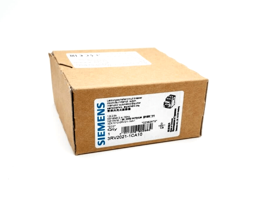 Siemens 3RV2021-1CA10 circuit breaker box, brown packaging with product label visible, used for motor protection, CLASS 10.