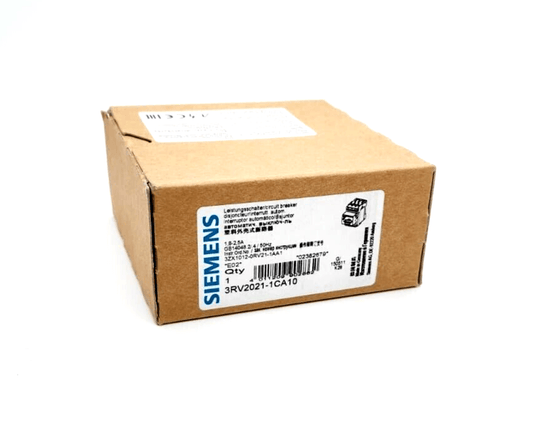 Siemens 3RV2021-1CA10 circuit breaker box, brown packaging with product label visible, used for motor protection, CLASS 10.