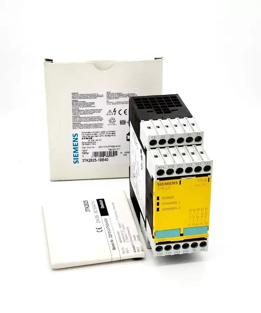 Siemens 3TK2825-1BB40 SIRIUS safety relay with packaging, DC 24V, screw connection, 3 instant outputs, 2 signal contacts.