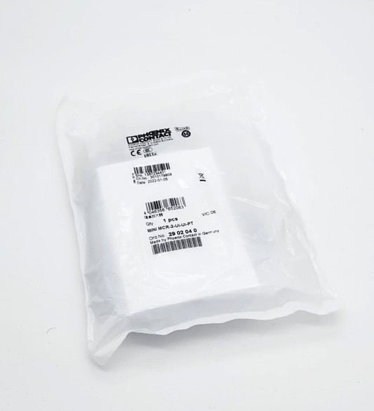 Sealed packaging of Phoenix Contact 2902040 MINI MCR-2-UI-UI-PT isolating amplifier with product label visible.
