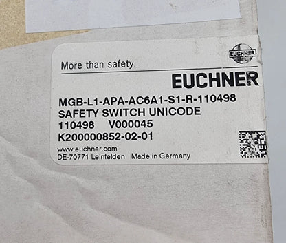 Label of Euchner 110498 MGB-L1-APA-AC6A1-S1-R-110498 Zuhaltemodul showing safety switch details.