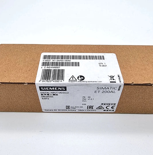 Packaging of Siemens 6ES7141-5AF00-0BA0 SIMATIC ET 200AL IP67 | sealed, showcasing model and specifications on the label.