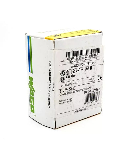 Wago 750-841 Controller sealed packaging, ETHERNET TCP/IP 10/100MBit, showing side and back labels with product details.