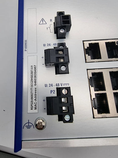 Close-up view of Hirschmann 942-094-999 RSP-06002T1TT-SCCZ9HSE2S | SW Rel. 07.1.00 Managed Industrial Ethernet Switch connectors.