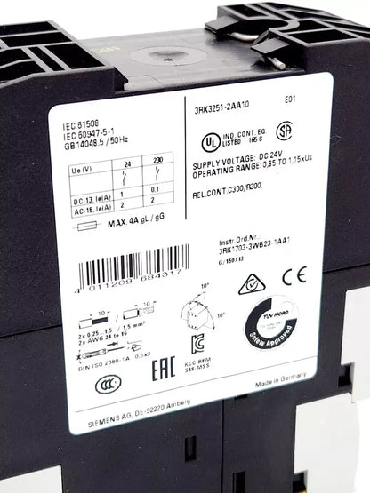 Siemens 3RK3251-2AA10 SIRIUS Erweiterungsmodul label with specifications and certifications.