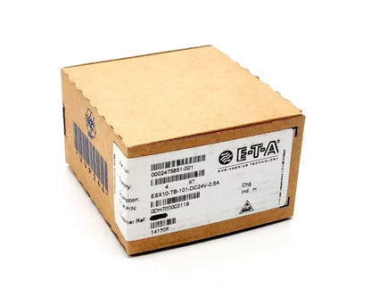 ETA ESX10-TB circuit breaker in packaging, model DC24V-0.5A, with barcode and specifications visible on the box.