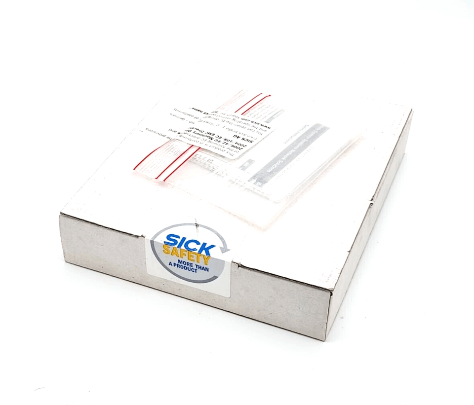 Box packaging for Sick 6026148 UE23-2MF2A3 safety relay, showcasing the brand logo and shipping label.