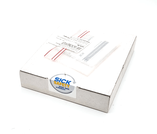 Box packaging for Sick 6026148 UE23-2MF2A3 safety relay, showcasing the brand logo and shipping label.
