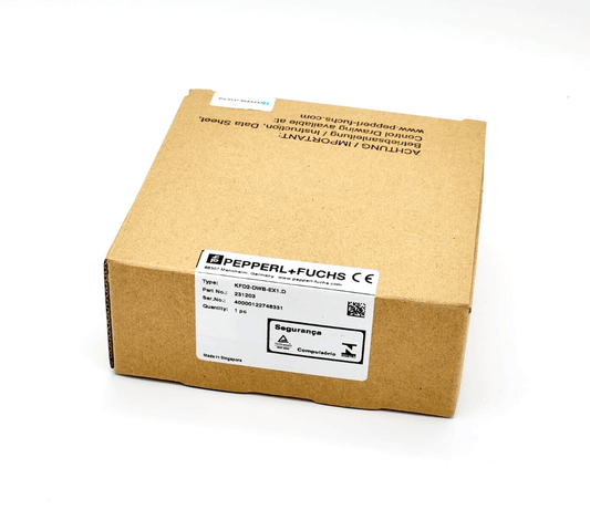 Packaging of Pepperl+Fuchs 231203 Drehzahlwächter KFD2-DWB-Ex1.D safety barrier with label and product details visible.