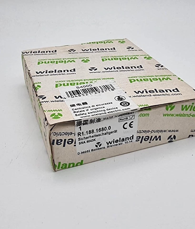 Packaging of Wieland R1.188.1810.0 SNA4043K-A Sicherheitsschaltgerät with manufacturer and model information visible.