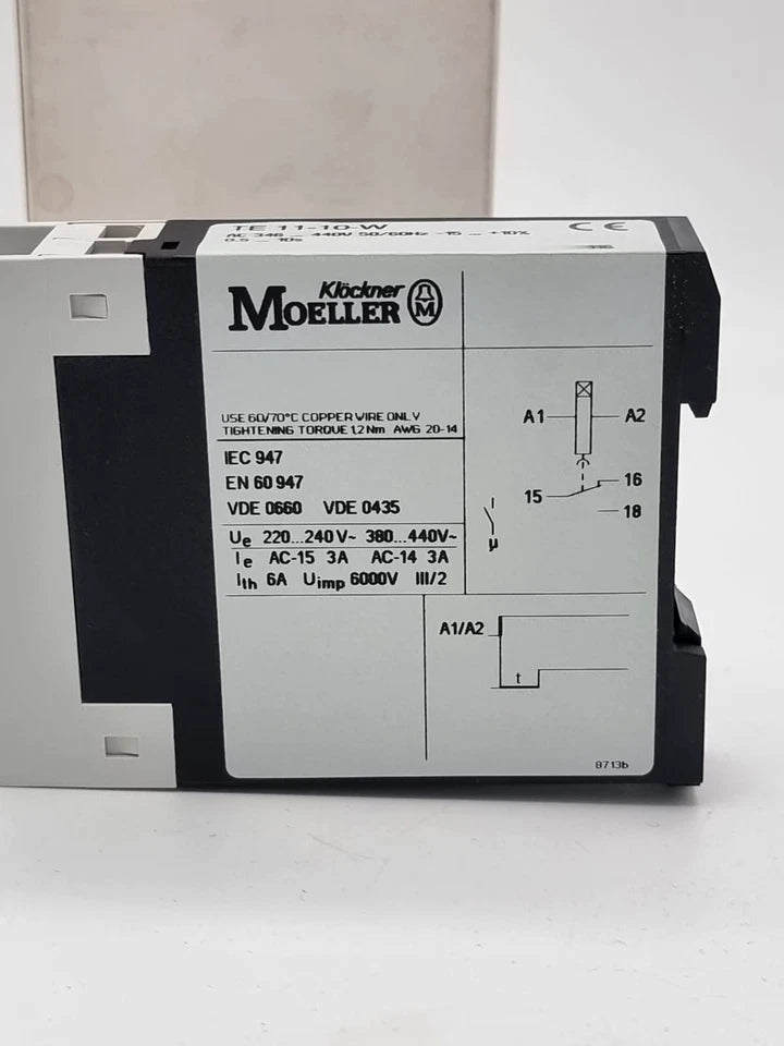 Moeller / Eaton TE11-10-W Zeitrelais ansprechverzögert 0,5...10s 346...440V AC in original packaging, technical details visible.