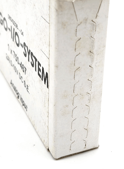Close-up of Wago 750-487 Analog Input Module packaging with part details visible on the side.
