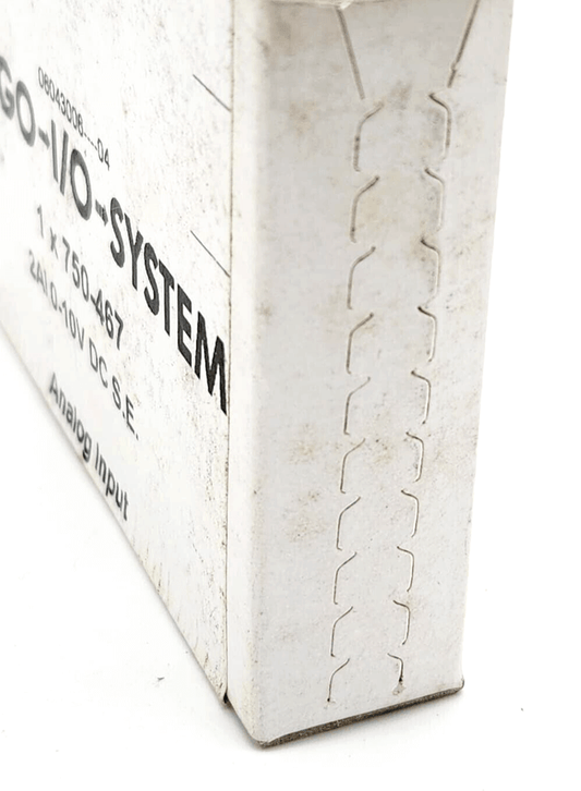 Close-up of Wago 750-487 Analog Input Module packaging with part details visible on the side.