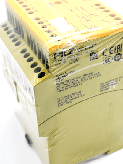 Pilz 774760 PNOZ 8 safety relay device, 24VDC, 3NO 1NC, 2SO, yellow component with safety features and technical specifications.
