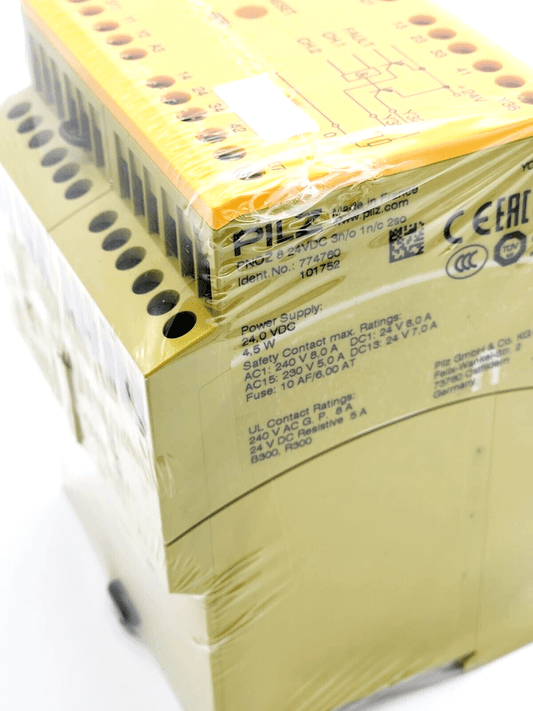 Pilz 774760 PNOZ 8 safety relay device, 24VDC, 3NO 1NC, 2SO, yellow component with safety features and technical specifications.